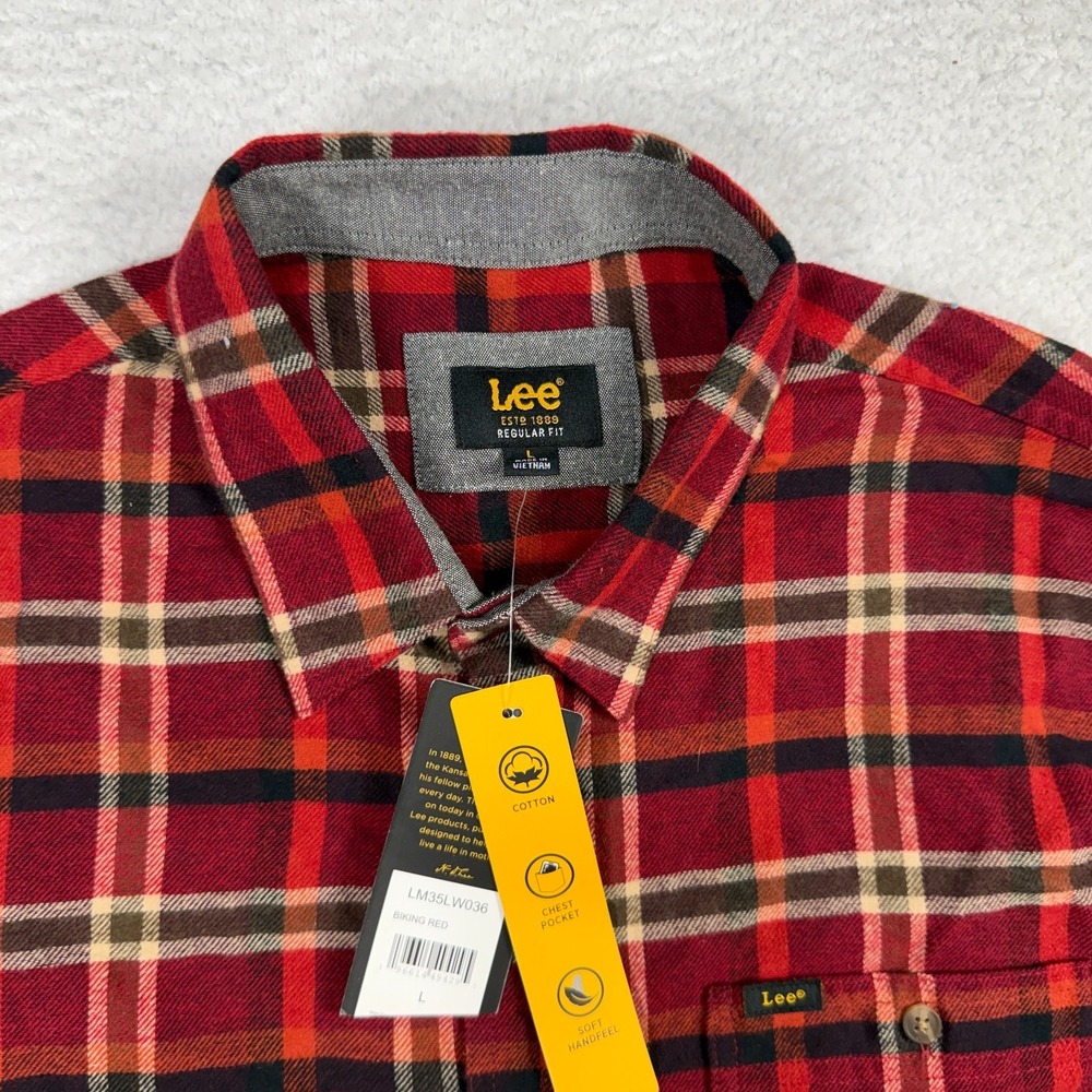 Lee Button Up Flannel Shirt Mens Large Regular Fit Red Plaid Long Sleeve NWT - Picture 5 of 8